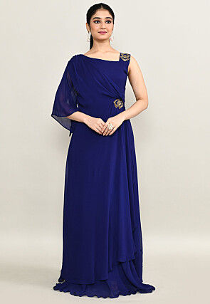 Embellished Pure Georgette Gown in Navy Blue