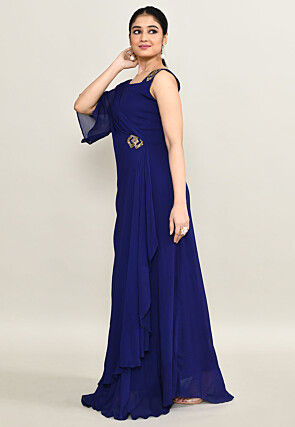 Embellished Pure Georgette Gown in Navy Blue