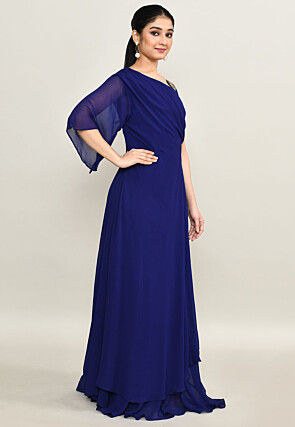 Embellished Pure Georgette Gown in Navy Blue
