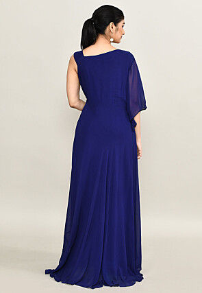 Embellished Pure Georgette Gown in Navy Blue
