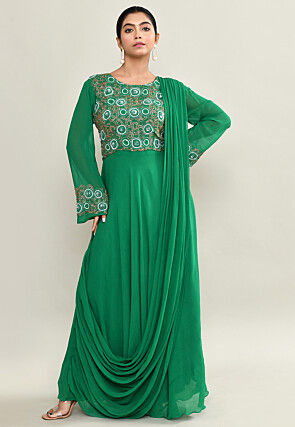 Hand Embroidered Pure Georgette Gown with Attached Dupatta in Green