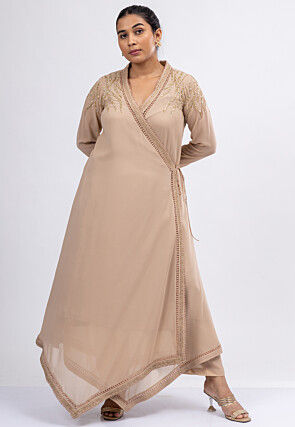 Embellished Pure Georgette Long Kurta Set in Beige