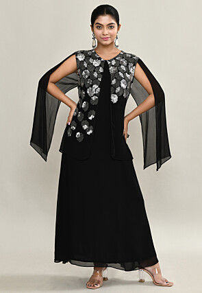 Embellished Pure Georgette Maxi Dress in Black