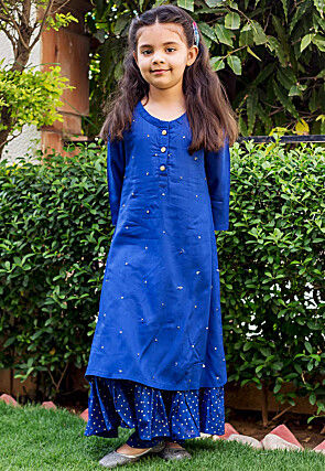 Embellished Pure Modal Silk A Line Kurta Skirt Set in Blue