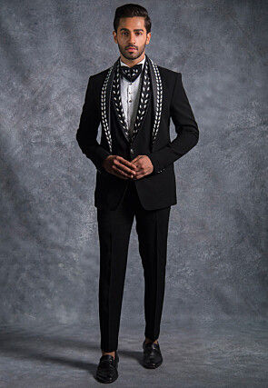 Embellished Pure Terry Rayon Tuxedo Set in Black