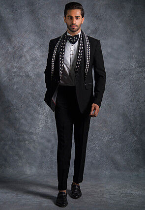 Embellished Pure Terry Rayon Tuxedo Set in Black