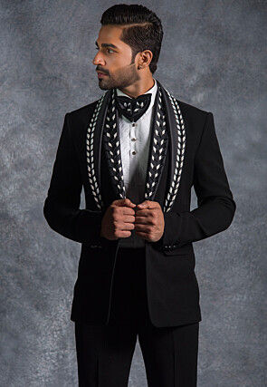 Embellished Pure Terry Rayon Tuxedo Set in Black