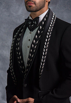 Embellished Pure Terry Rayon Tuxedo Set in Black