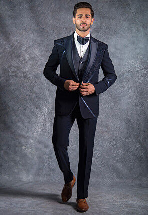 Embellished Pure Terry Rayon Tuxedo Set in Dark Blue