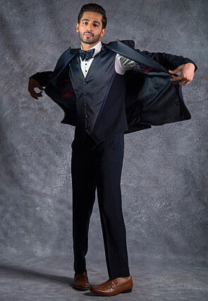 Embellished Pure Terry Rayon Tuxedo Set in Dark Blue