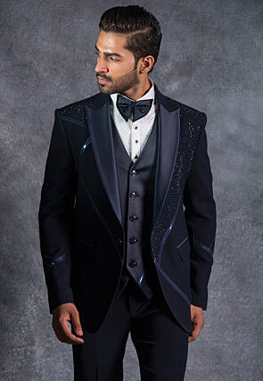 Embellished Pure Terry Rayon Tuxedo Set in Dark Blue