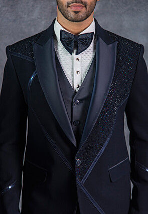Embellished Pure Terry Rayon Tuxedo Set in Dark Blue