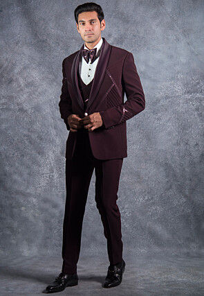 Embellished Pure Terry Rayon Tuxedo Set in Wine