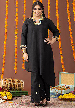 Embellished Raw Silk High Low Kurta Set in Black