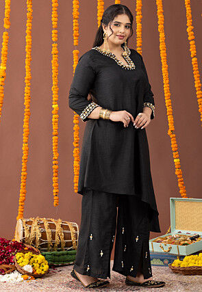 Embellished Raw Silk High Low Kurta Set in Black