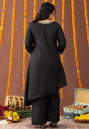 Embellished Raw Silk High Low Kurta Set in Black