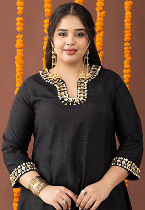 Embellished Raw Silk High Low Kurta Set in Black