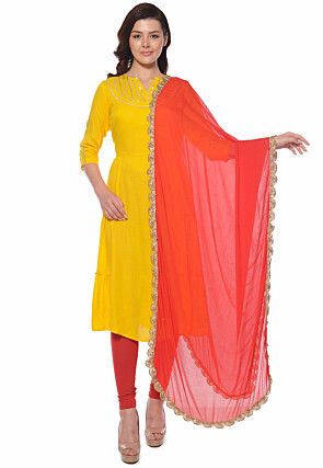 Embellished Rayon A Line Suit in Yellow