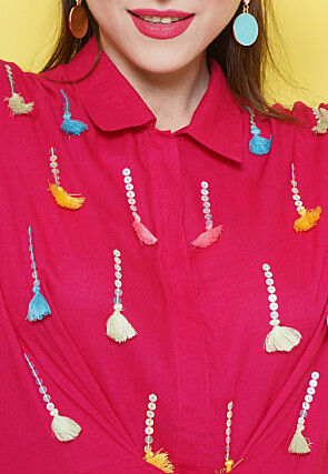 Embellished Rayon Slub Asymmetric Kurta Set in Fuchsia