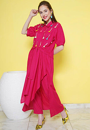 Embellished Rayon Slub Asymmetric Kurta Set in Fuchsia