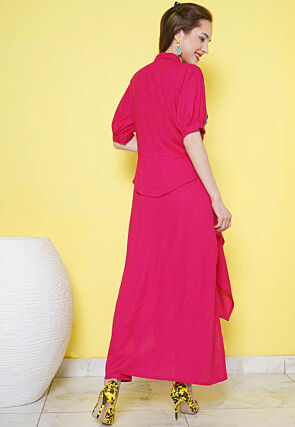 Embellished Rayon Slub Asymmetric Kurta Set in Fuchsia