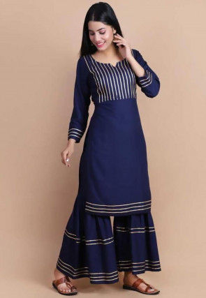 Embellished Rayon Straight Kurta in Navy Blue