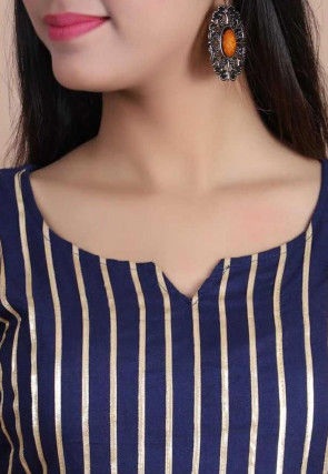 Embellished Rayon Straight Kurta Set in Navy Blue