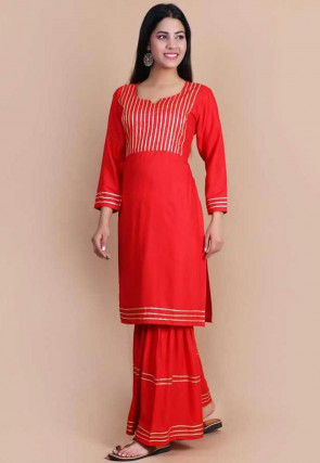 Embellished Rayon Straight Kurta Set in Red