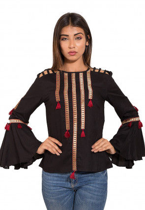 Embellished Rayon Top in Black