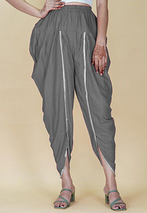 Embellished Rayon Tulip Pant in Grey