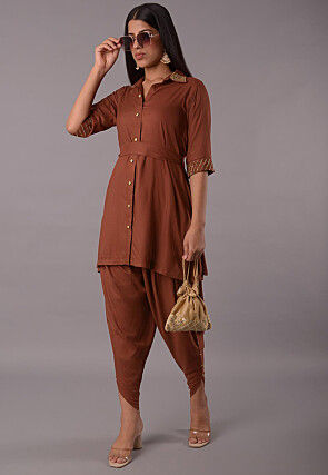 Embellished Rayon Tunic Set in Brown