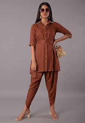 Embellished Rayon Tunic Set in Brown