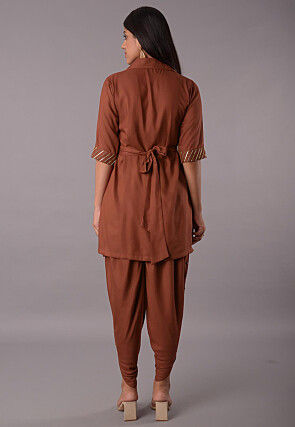 Embellished Rayon Tunic Set in Brown