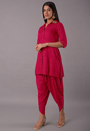 Embellished Rayon Tunic Set in Magenta