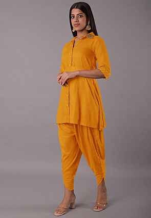 Embellished Rayon Tunic Set in Mustard