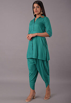 Embellished Rayon Tunic Set in Turquoise