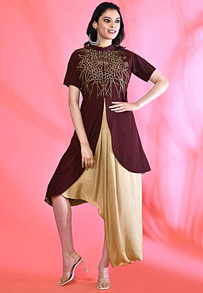 Embellished Satin Asymmetric Dress in Beige and Maroon