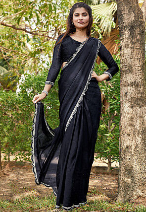 Embellished Satin Chiffon Saree in Black