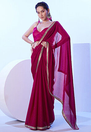 Embellished Satin Chiffon Saree in Fuchsia