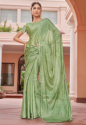 Embellished Satin Chiffon Saree in Light Green