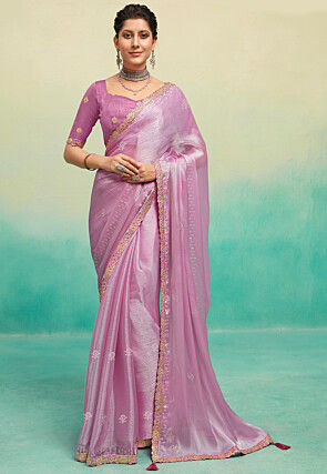 Embellished Satin Chiffon Saree in Light Purple