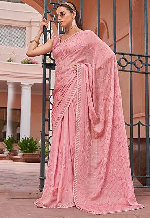 Embellished Satin Chiffon Saree in Pink