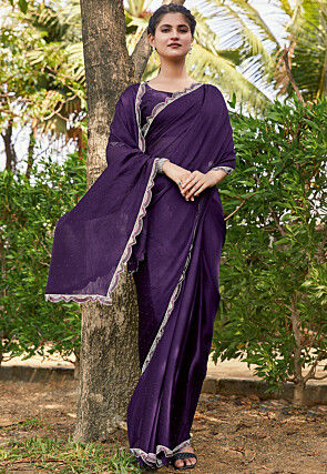 Embellished Satin Chiffon Saree in Purple
