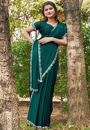 Embellished Satin Chiffon Saree in Teal Green