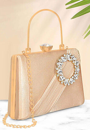 Embellished Satin Clutch with Detachable Chain Strap in Beige