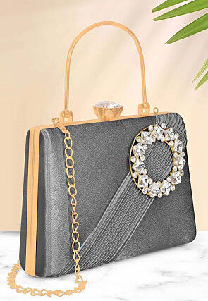 Embellished Satin Clutch with Detachable Chain Strap in Grey