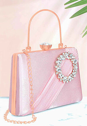 Embellished Satin Clutch with Detachable Chain Strap in Pink