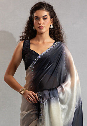 Embellished Satin Georgette Saree in Black and Off White