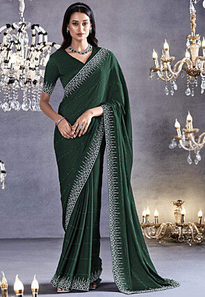 Embellished Satin Georgette Saree in Dark Green