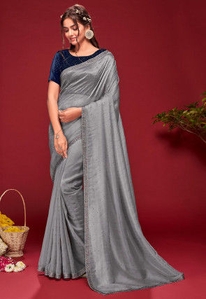 Embellished Net Saree in Grey